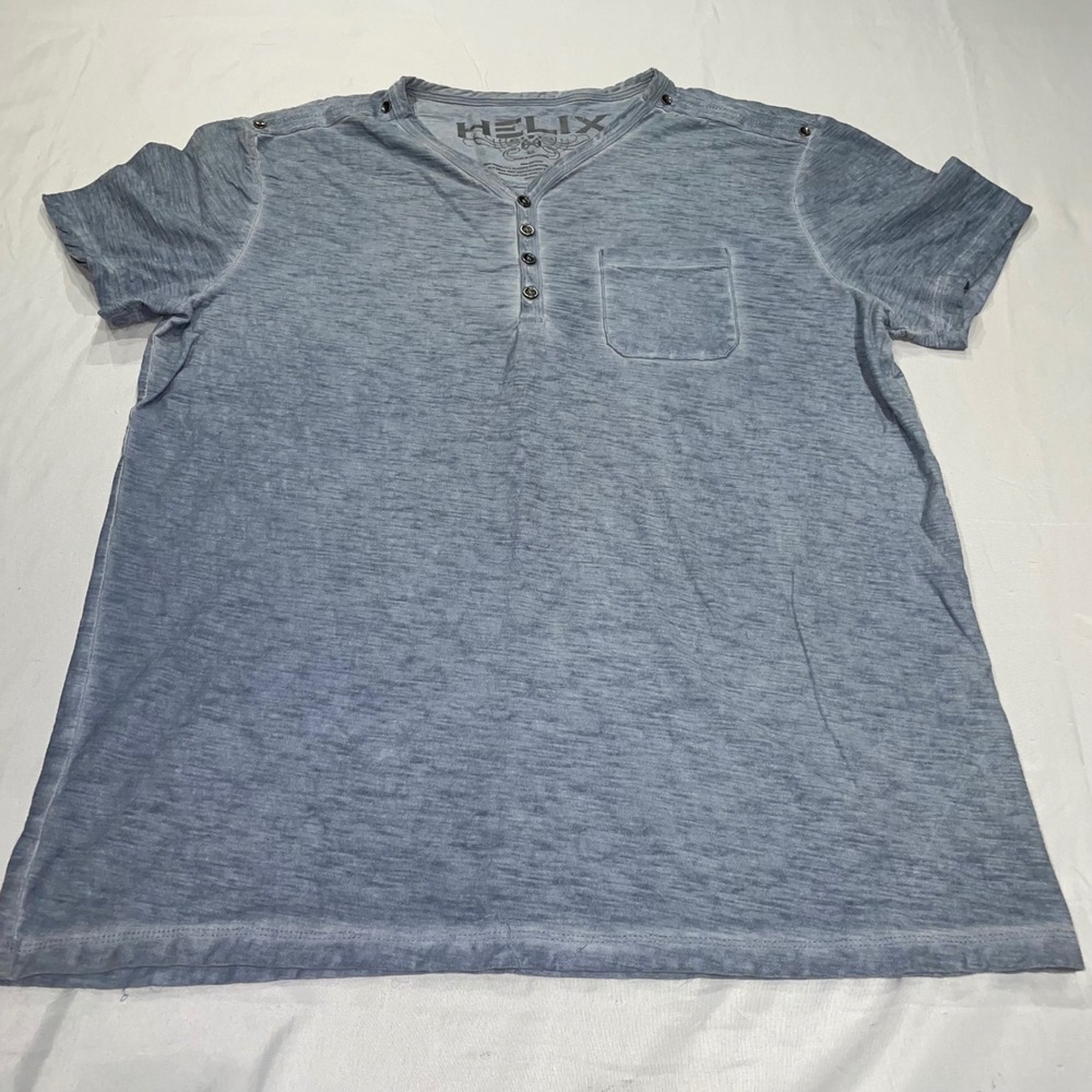 Helix Mens XL Blue Henley T-Shirt Short Sleeve Cotton Slub Pocket Epaulet Tee